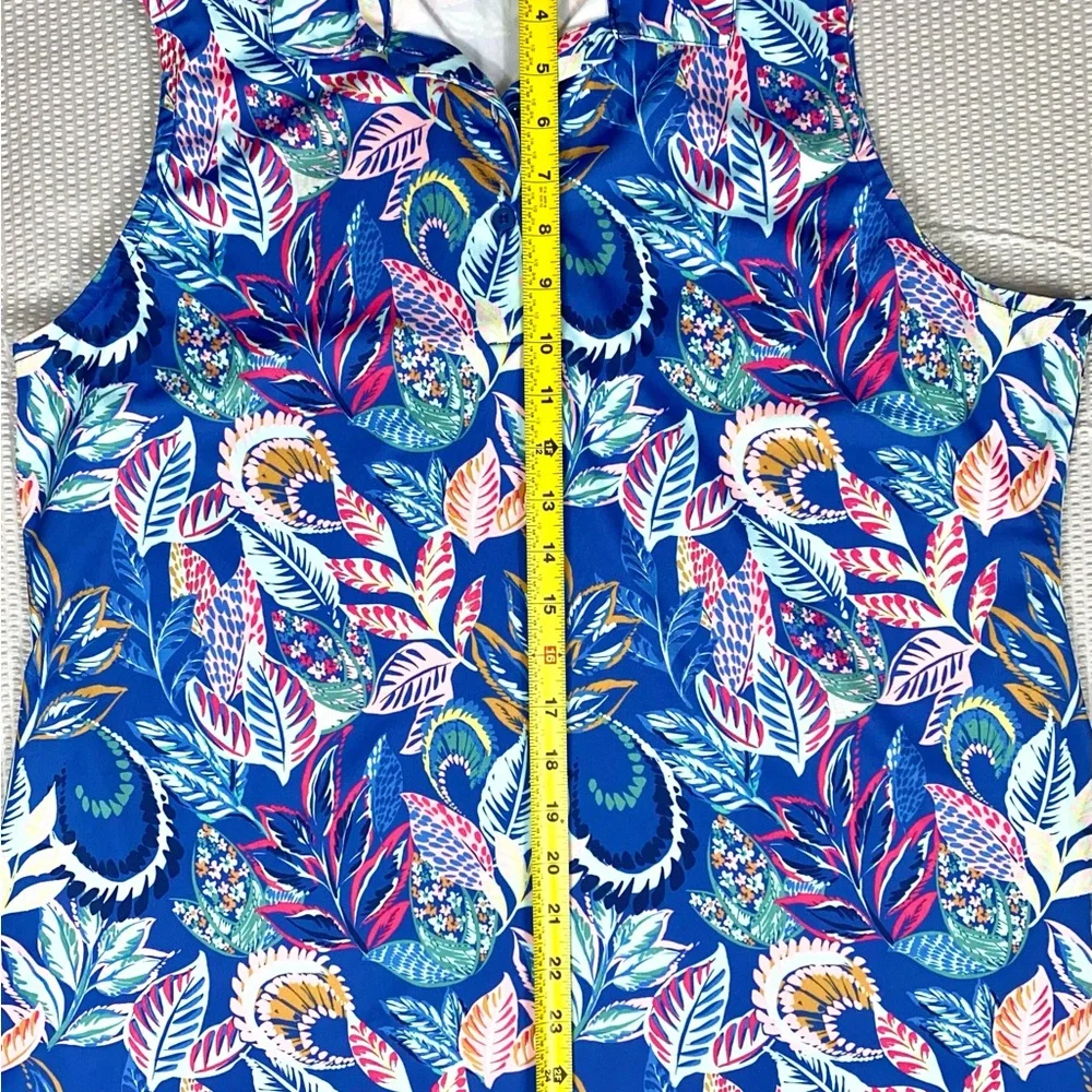 18 Birdies Polo Shirt Womens Large Blue Floral Paisley‎ Sleeveless Golf Stretch